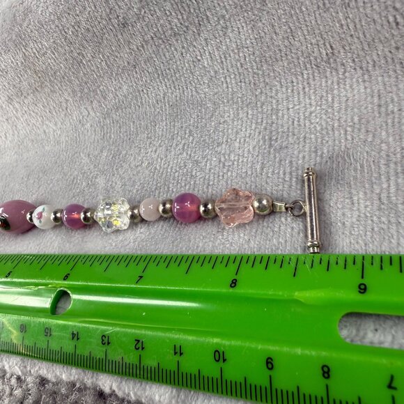 Vintage Glass Bead Bracelet With Toggle Closure & Pink White Silver Accents - Picture 11 of 16